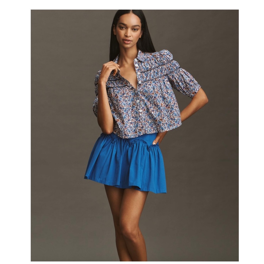 Maeve Leandra Shirred Yoke Blue Floral Blouse